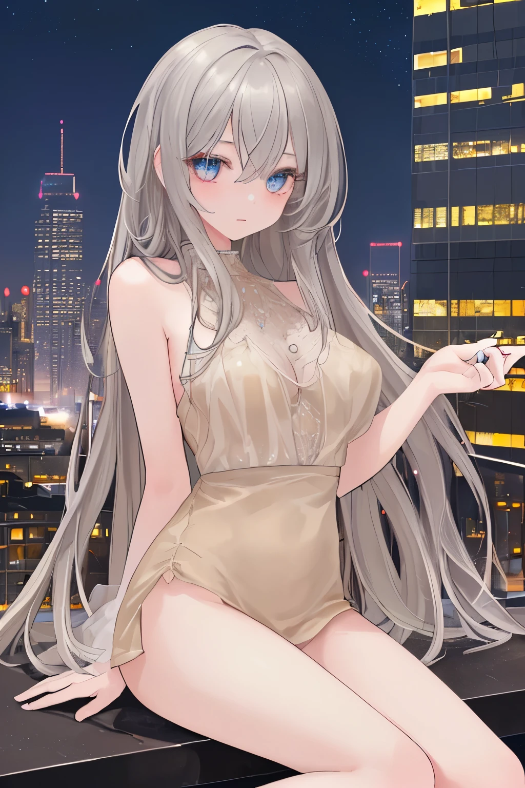 masterpiece, Highest quality, beautiful, Beautiful face, A perfect face, Detailed face, high resolution, perfect anatomy, top-quality、 8K, Beautiful hair、 Beautiful eyes、 Beautiful skin、Beautiful legs、Beautifu arms、Perfect fingers, gray beige_hair, 1 Girl, {{embarrassed}}, date, downtown, {{In downtown}}, {outdoor}, Beautiful city of night dreams, Beautiful night view, City at night