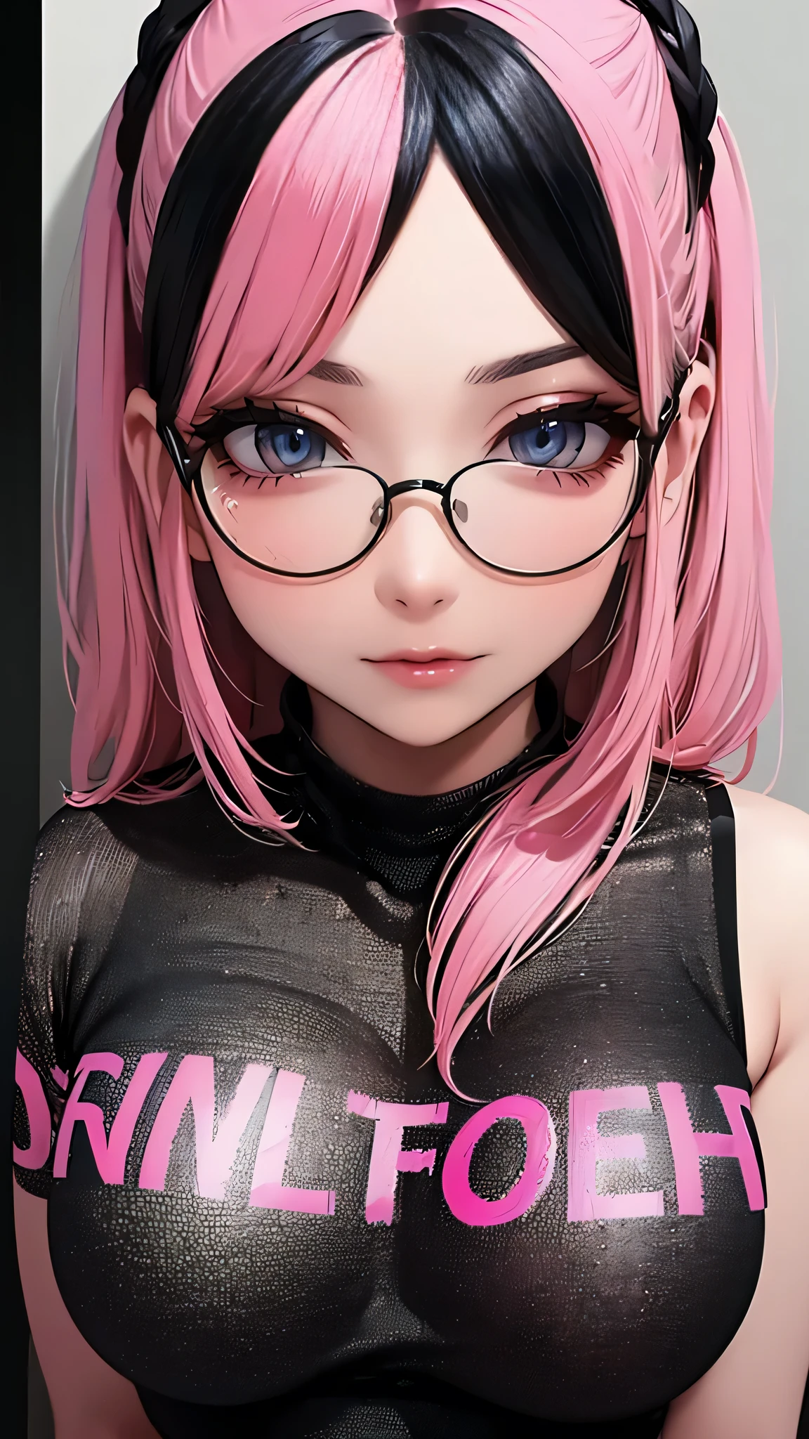 full body,(breast squeeze:1.2),(Thin type:1.5),(large breasts),(wearing glasses:1.5),(half color hair black and pink:1.5),(random hairstyle),(Highest image quality, (8K), Ultra-realistic, Best Quality, High quality, High Definition, high quality texture, high detailing, Beautiful detailed, fine detailed, extremely details CG, Detailed texture, realistic representation of face, masterpiece, presence)