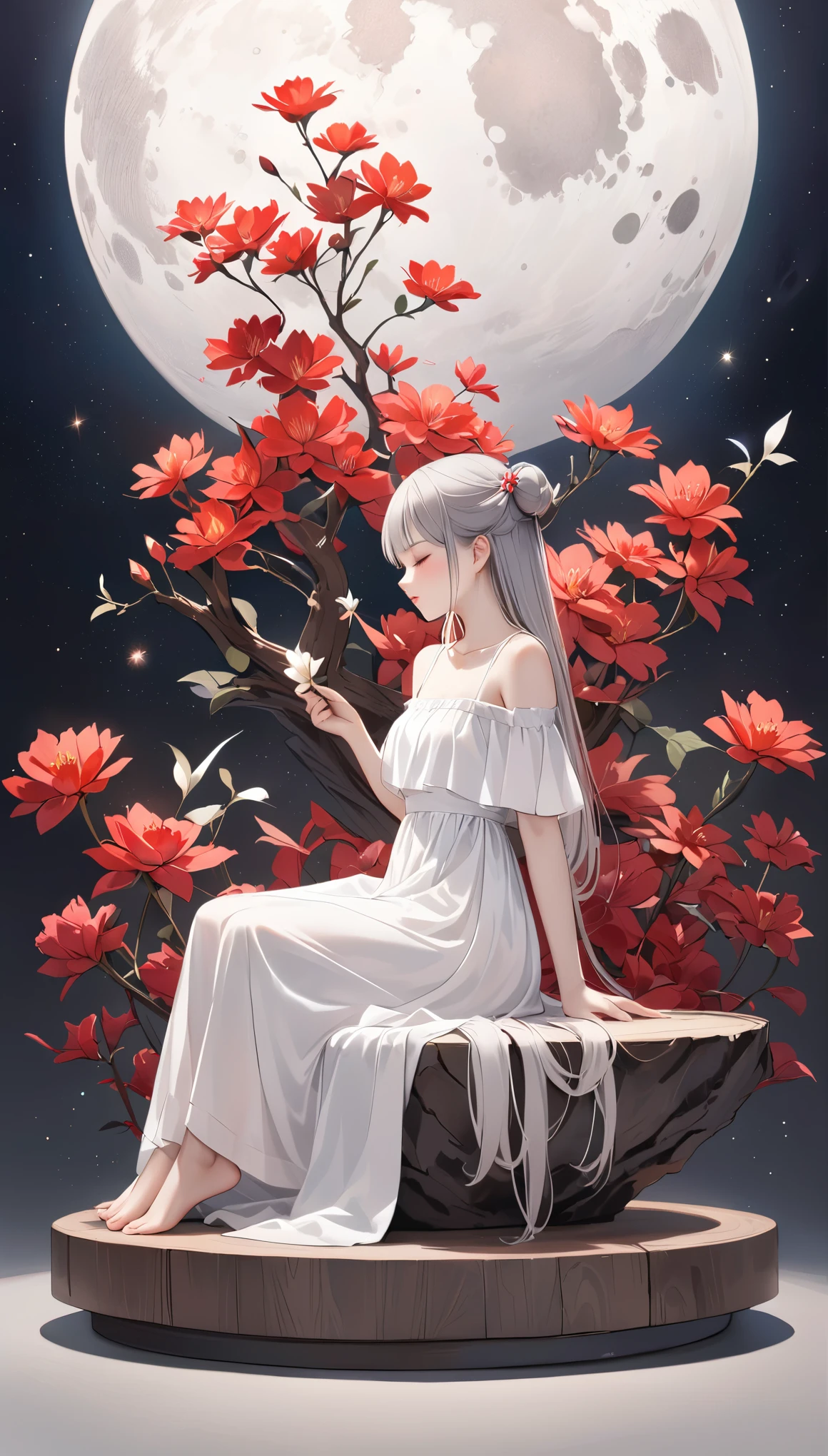 highest quality、Masterpiece、greyとredの調和アート、grey、Perfect Anatomy、Girl Closing Her Eyes、cute、、profile、Black off-the-shoulder dress、Sitting Girl、Wabi-sabi art、grey、red、White、Perfect artistic harmony、Fantasy、Vermilion Flower、greyの葉、Modest Flower、Simple configuration、Background is a white wall、Red flower、greyの葉、space、