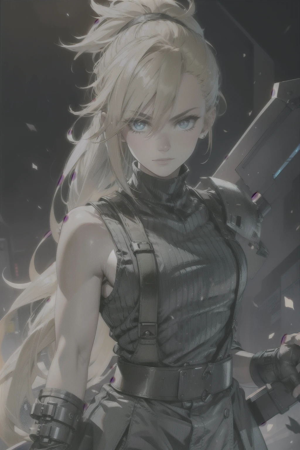 (masterpiece, best quality:1.2), Blue  glowing eyes, perfect face, highres, 1 girl, solo, ultra long ponytail, (female:1.5), strife, blonde hair, shoulder armor, sleeveless turtleneck, suspenders, belt, gloves, bracer, evil smile, standing, portrait, looking at viewer, giant sword on the back