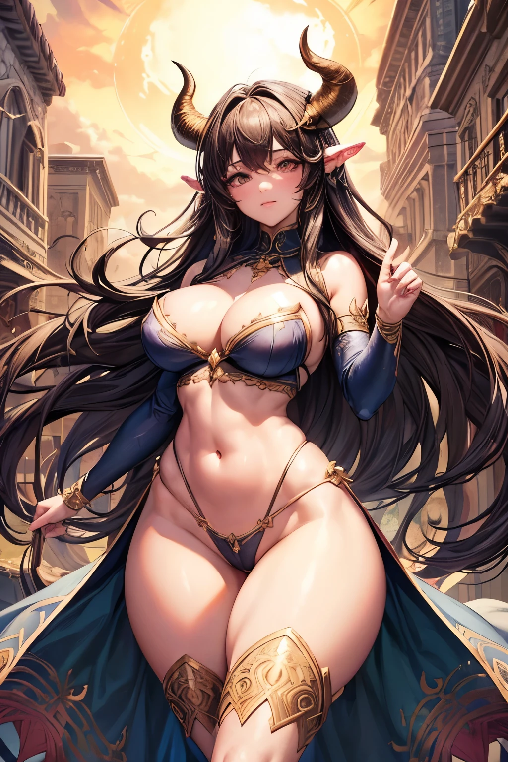 (In the style of D&D), full body in frame, (minotaur woman:1.1), (large horns), (cloven hooves:1.1), long tangled hair, hanging tits, very hairy, (detailed background), high resolution, very detailed, vibrant, (round breasts), (bubble butt), (wide hips:1.1), (slim waist:1.1), (thick thighs:1.1), (detailed face and eyes:1.2), goddess, sun dappled lighting, (detailed hand and finger:1.2), (medium breasts:1.2), (busty), (deep cleavage:1.2), (labia outline:1.3), (hard teat:1.3).