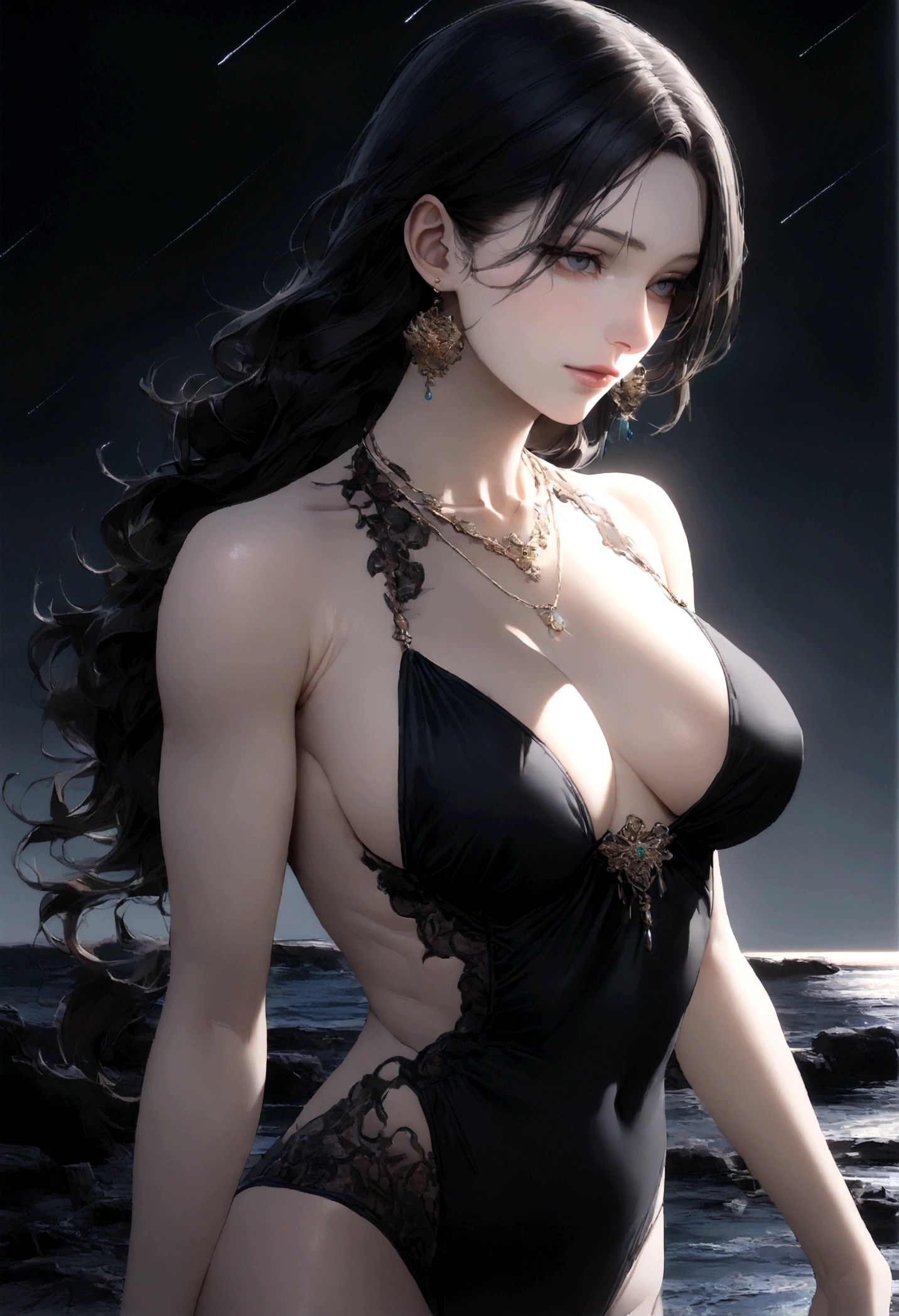 8k, masterpiece, RAW Photos, highest quality, Realistic, Very detailed, Depth of written boundary, Cinematic Light, Anatomically correct body,
One beautiful 40 year old woman, Very beautiful face, Exquisitely detailed face, (A calm and gentle face:1.4), Very delicate skin texture, Transparent muscle, Shiny white skin, Glamorous Body,
(Wavy black long hair:1.2), (Sexy Breasts:1.1),
(A white swimsuit that accentuates the beauty of her breasts:1.2), (Detailed cloth texture:1.2), (Gorgeous necklace:1.1), (Gorgeous earrings:1.1),
(Dark starry background:1.4), (Milky Way:1.1), (milky way:1.1), (shooting star:1.1), (Dark coastline at night:1.4), (Pitch black sea surface:1.4),
(Standing in shallow water on a sandy beach:1.2),
(Upper body close-up:1.2),