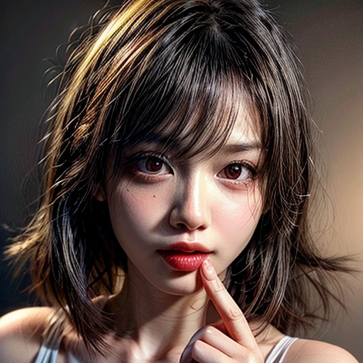 (highest quality,Super detailed,Physically Based Rendering:1.2), (RAW, Realistic, Photorealistic:1.37),Portraiture,Beautiful young woman with Delicate facial features,Soft lighting, ((Playfully licking finger with tongue, Gently placing a finger in the mouth)), (Close-up shot of sensual lips),Cheeks turn slightly red,A gentle and captivating gaze, cute BabyLike finger . Studio gray background, Light Particles, many blurred colorful Lights (dazzling bokeH) . BREAK . (((NOGIZAKA face variations))) Extremely Detailed very KAWAII face variations, elaborate detailed Eyes with (sparkling highlights:1.2), (Voluminous long eyelashes:0.9)、Glossy RED Lips with beautiful details, uettish tongue, Rosy cheeks, Radiant PearlSkin with clear transparency, (Natural:0.7) Detailed FlawlessSkin with glowing DowneyHair . { (Dynamic LifeLike expressions) | :d) }, (large eyes:-1) . mouth_hold