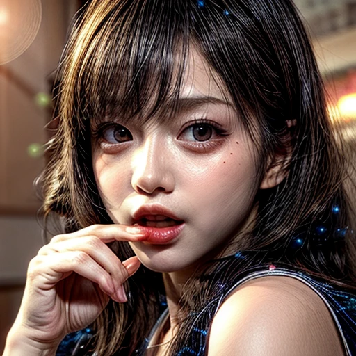 (highest quality,Super detailed,Physically Based Rendering:1.2), (RAW, Realistic, Photorealistic:1.37),Portraiture,Beautiful young woman with Delicate facial features,Soft lighting, ((Playfully licking finger with tongue, Gently placing a finger in the mouth)), (Close-up shot of sensual lips),Cheeks turn slightly red,A gentle and captivating gaze, cute BabyLike finger . Studio gray background, Light Particles, many blurred colorful Lights (dazzling bokeH) . BREAK . (((NOGIZAKA face variations))) Extremely Detailed very KAWAII face variations, elaborate detailed Eyes with (sparkling highlights:1.2), (Voluminous long eyelashes:0.9)、Glossy RED Lips with beautiful details, Coquettish tongue, Rosy cheeks, Radiant PearlSkin with clear transparency, (Natural:0.7) Detailed FlawlessSkin with glowing DowneyHair . { (Dynamic LifeLike expressions) | :d) }, (large eyes:-1) . mouth_hold