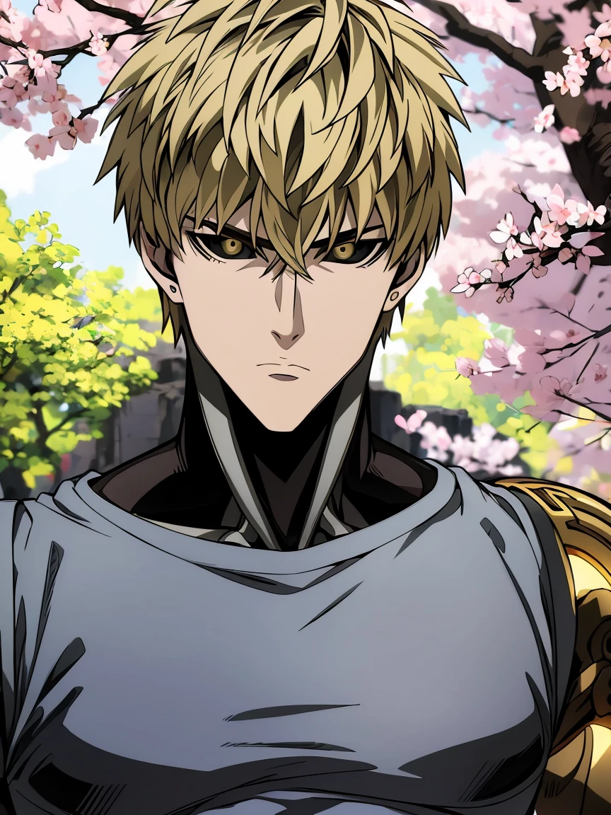 absurdres, highres, ultra detailed, HDR, masterpiece, extremely detailed face and eyes, Genos, ash-blond hair, expressive golden eyes, One Punch Man, 1man, handsome, spring, blossoms, petals, birds, trees