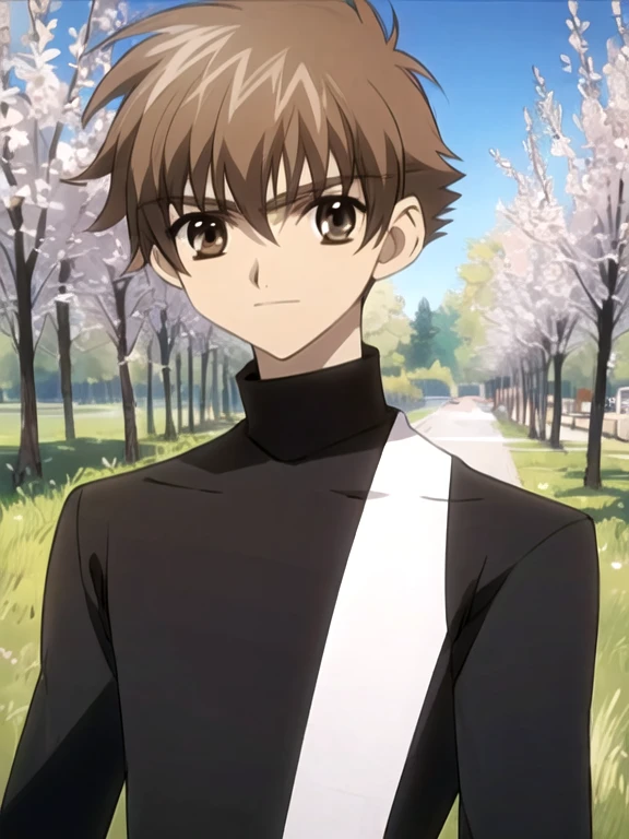 masterpiece, best quality, sketch, 1boy, solo, male focus, looking at viewer, , , anime coloring, realistic, syaoran_tsubasa_chronicle, brown hair, brown eyes, turtleneck, , orchard, 8k resolution