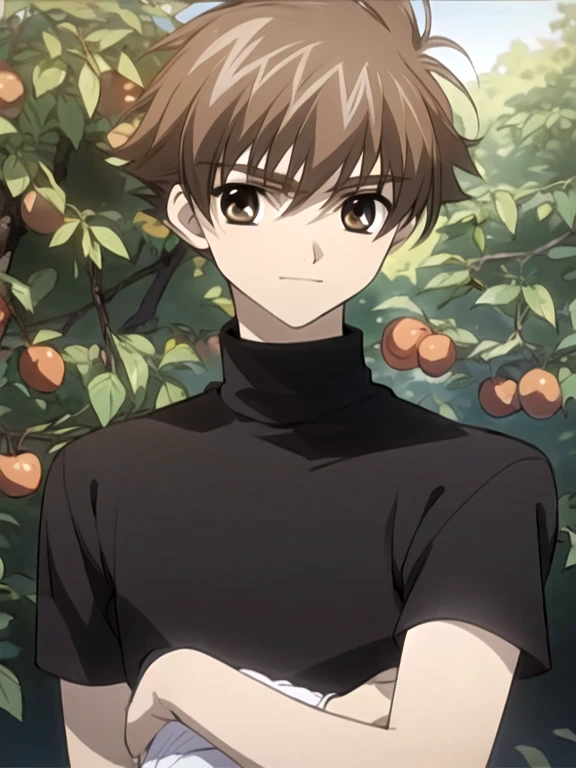 masterpiece, best quality, sketch, 1boy, solo, male focus, looking at viewer, , , anime coloring, realistic, syaoran_tsubasa_chronicle, brown hair, brown eyes, turtleneck, , orchard, 8k resolution