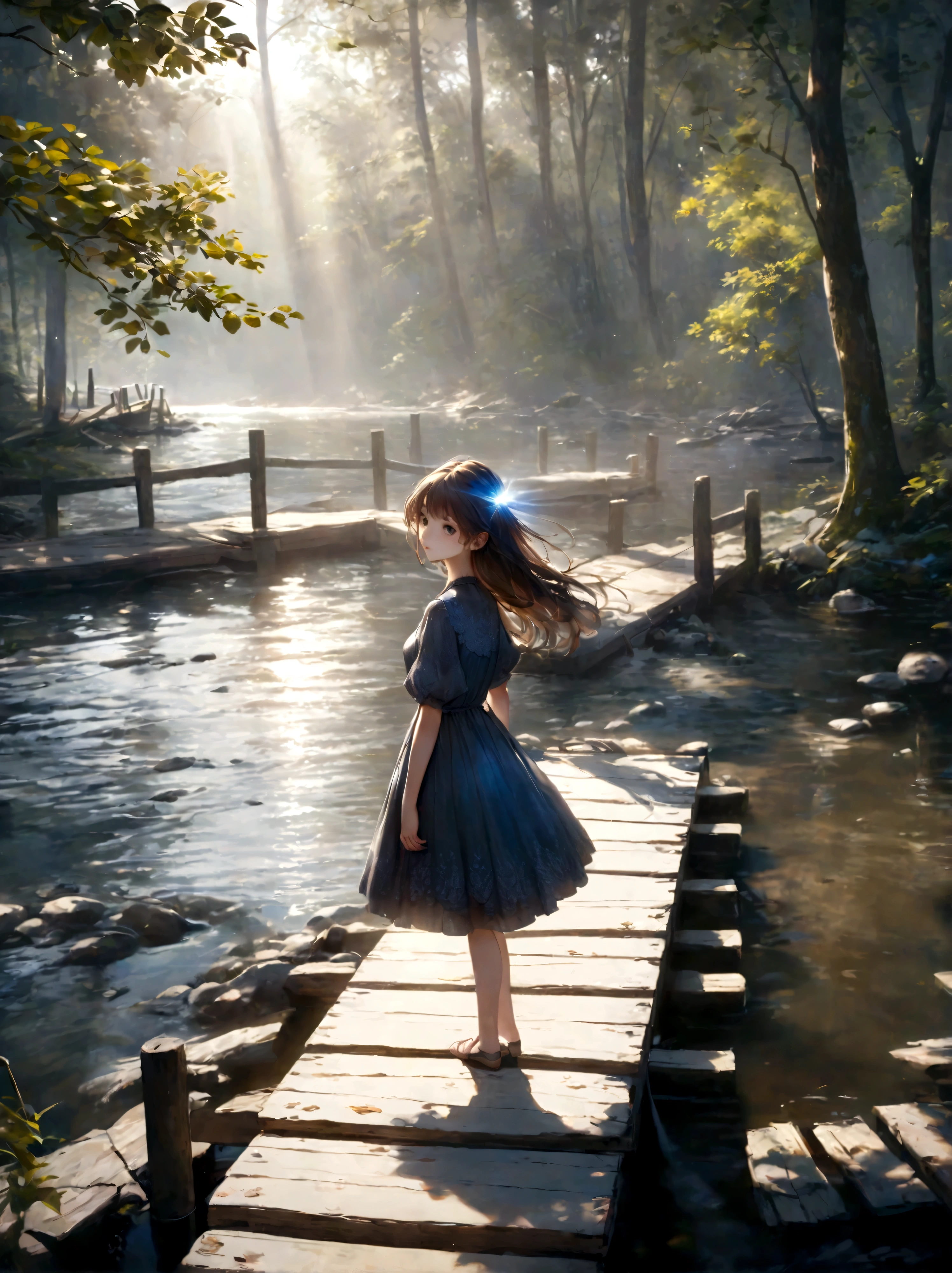 a girl standing on a wooden dock overlooking a river, dense forest in the distance, sunlight filtering through the trees, detailed facial features, elegant dress, serene expression, (best quality,8k,highres,masterpiece:1.2),ultra-detailed,(realistic,photorealistic,photo-realistic:1.37),intricate details,cinematic lighting,dramatic shadows,vibrant colors,serene landscape