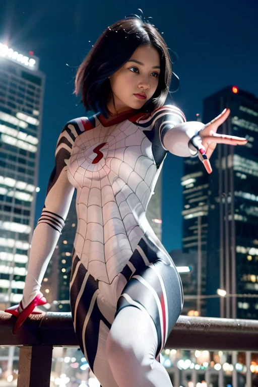 (Extreme Detail CG Unity 8K wallpaper, masterpiece, highest quality), (Exquisite lighting and shadow, highly dramatic graphics, Cinematic lens effect), (A girl in a white Spider-Man costume, from a parallel universe, city skyline in the background, dynamic pose), (excellent detail, outstanding lighting, wide angle), (excellent rendering, enough to stand out in its class)