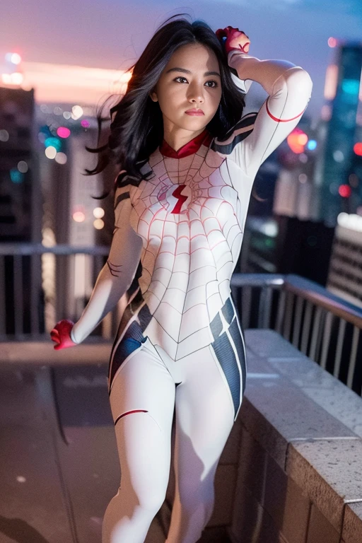 (Extreme Detail CG Unity 8K wallpaper, masterpiece, highest quality), (Exquisite lighting and shadow, highly dramatic graphics, Cinematic lens effect), (A girl in a white Spider-Man costume, from a parallel universe, city skyline in the background, dynamic pose), (excellent detail, outstanding lighting, wide angle), (excellent rendering, enough to stand out in its class)