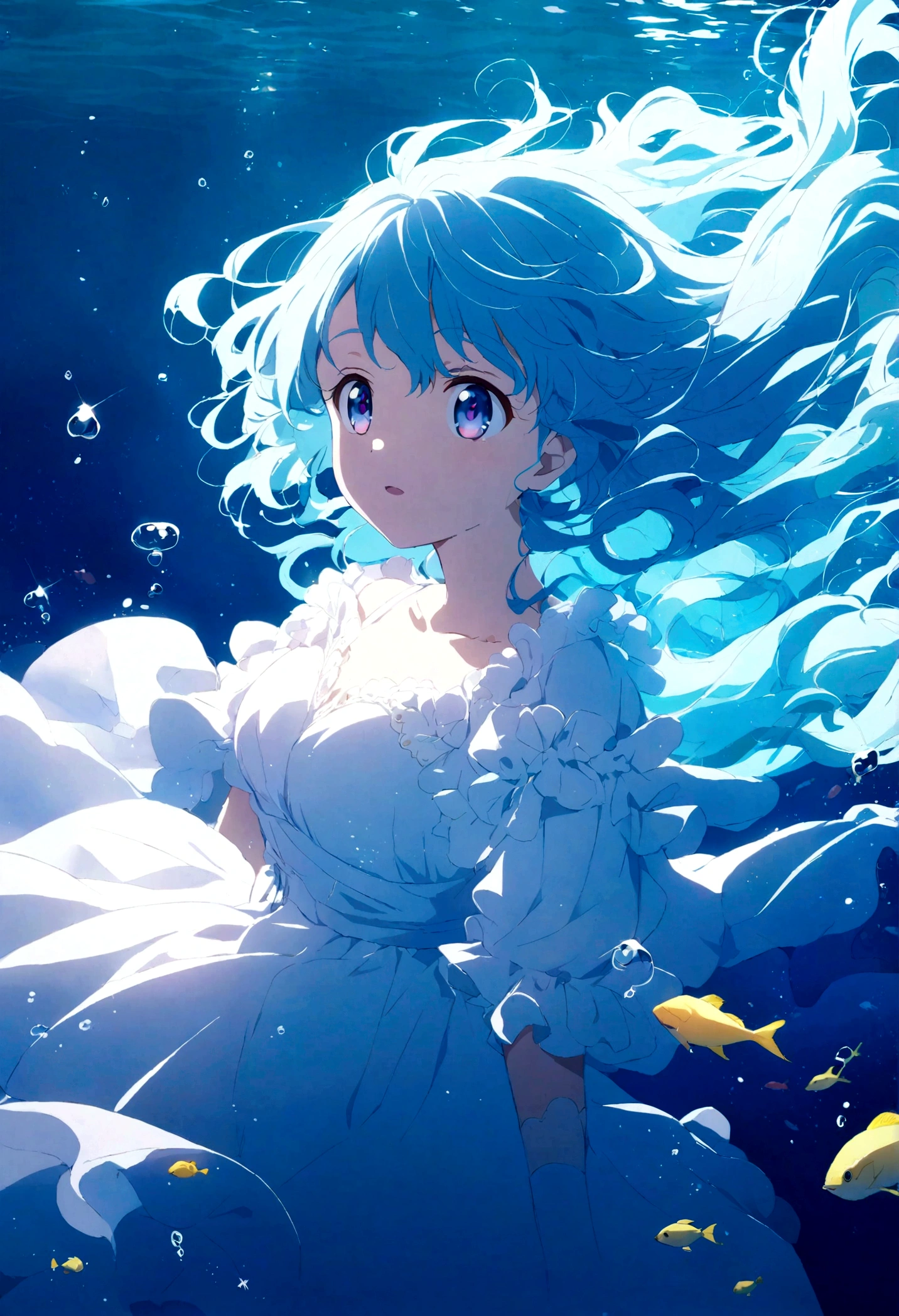 "Gentle Night, girl underwater, blue hair, Bright eyes, reverie, Underwater background, anime. bright colors"