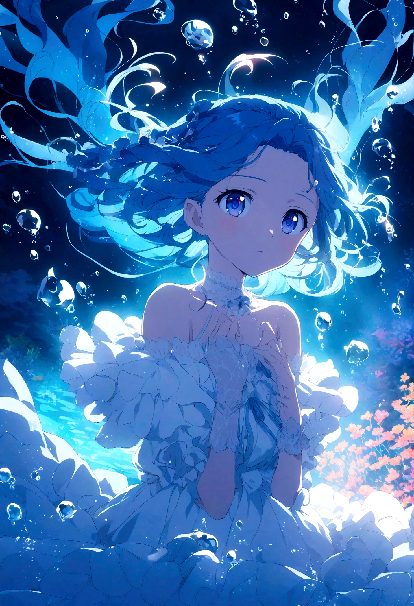 "Gentle Night, girl underwater, blue hair, Bright eyes, reverie, Underwater background, anime. bright colors"