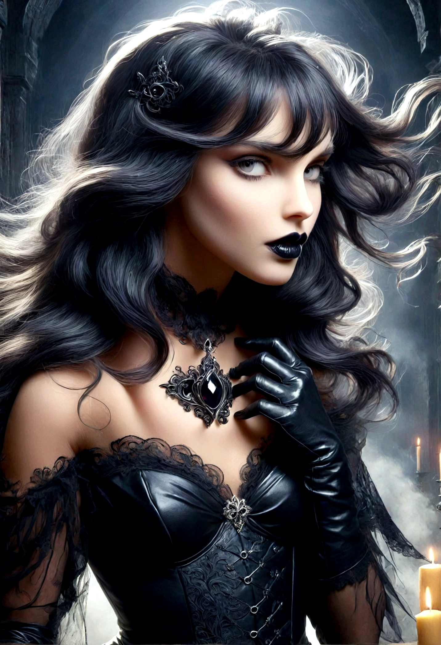 ((Best Quality)), ((Masterpiece)), (Highly detailed:1.3),a woman long hair, Bangs, leather corset, black lipstick gloves grotes, gothic scenery, serious look