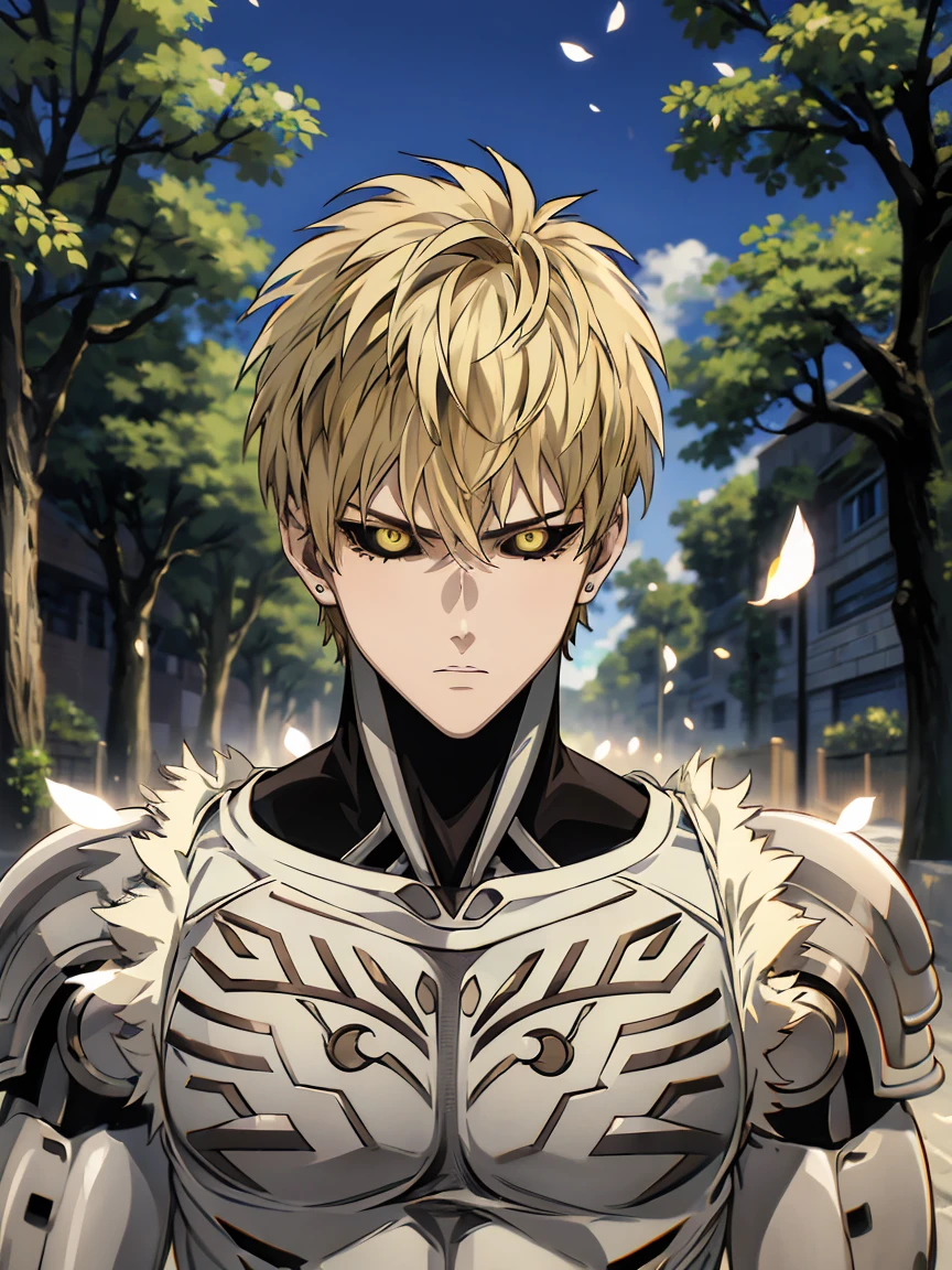 absurdres, highres, ultra detailed, HDR, masterpiece, extremely detailed face and eyes, Genos, ash-blond hair, expressive golden eyes, One Punch Man, 1man, handsome, spring, blossoms, petals, birds, trees