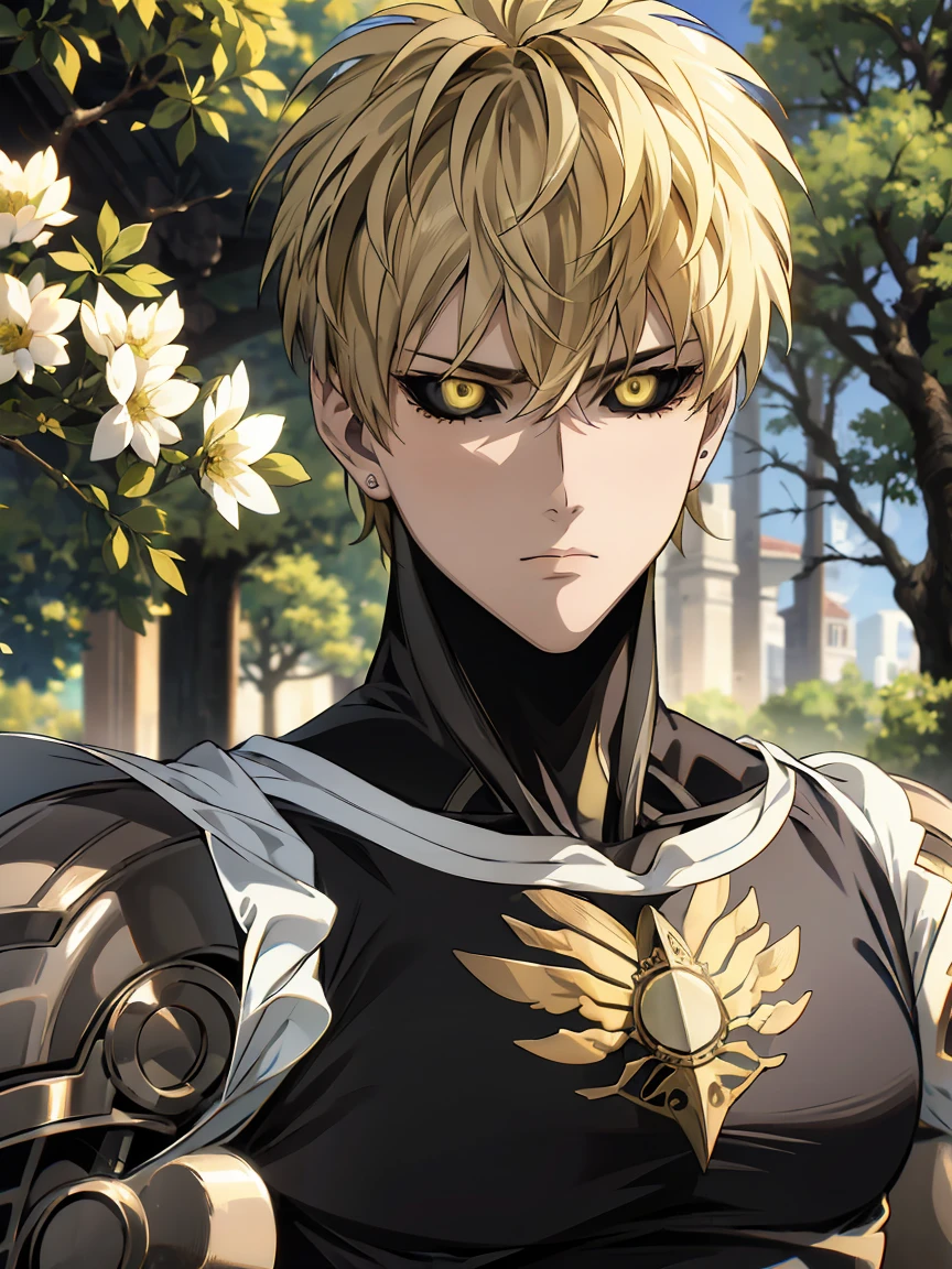 absurdres, highres, ultra detailed, HDR, masterpiece, extremely detailed face and eyes, Genos, ash-blond hair, expressive golden eyes, One Punch Man, 1man, handsome, spring, blossoms, petals, birds, trees