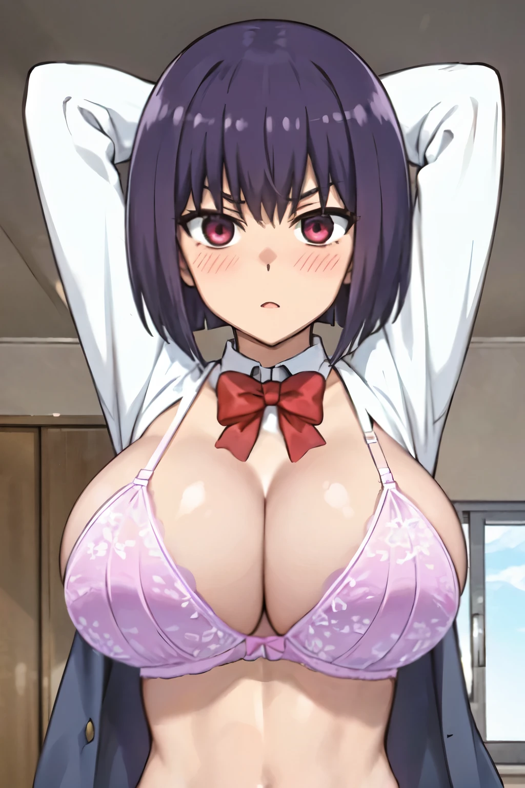 highest quality, masterpiece, One girl, alone, smile, hair ornaments, bow, Aqua Eye, Purple Hair, Side Lock, pink bow, Anime Coloring, hand_bell city,(huge breast),full bust,(Narrow waist:1.6),(Thin belly),(slender stomach),Clothed Big Tits,((Skinny Body)),(細いhand足),Slender body,breath,sweat,smirk,nose blush, heart-shaped pupils,Embarrassing,Troubled face,(from below),Looking down at the viewer, large ass, pencil skirt, panties under pantyhose,whole body,undressing,(bra),show off bra