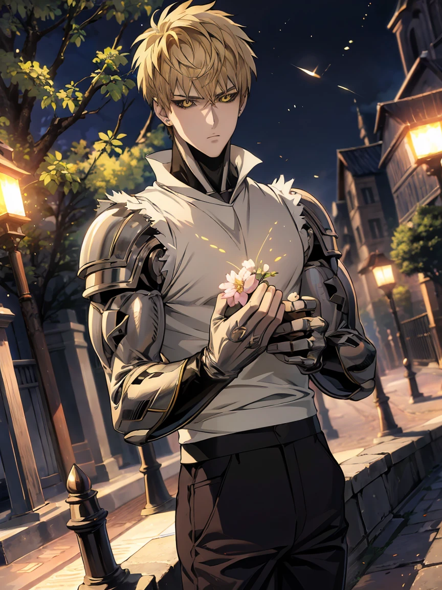 absurdres, highres, ultra detailed, HDR, master piece, best quality, Genos, expressive yellow eyes, ash-blonde hair, one punch man, solo, man, handsome, moon, fireflies, blossoms, spring, pink flowers