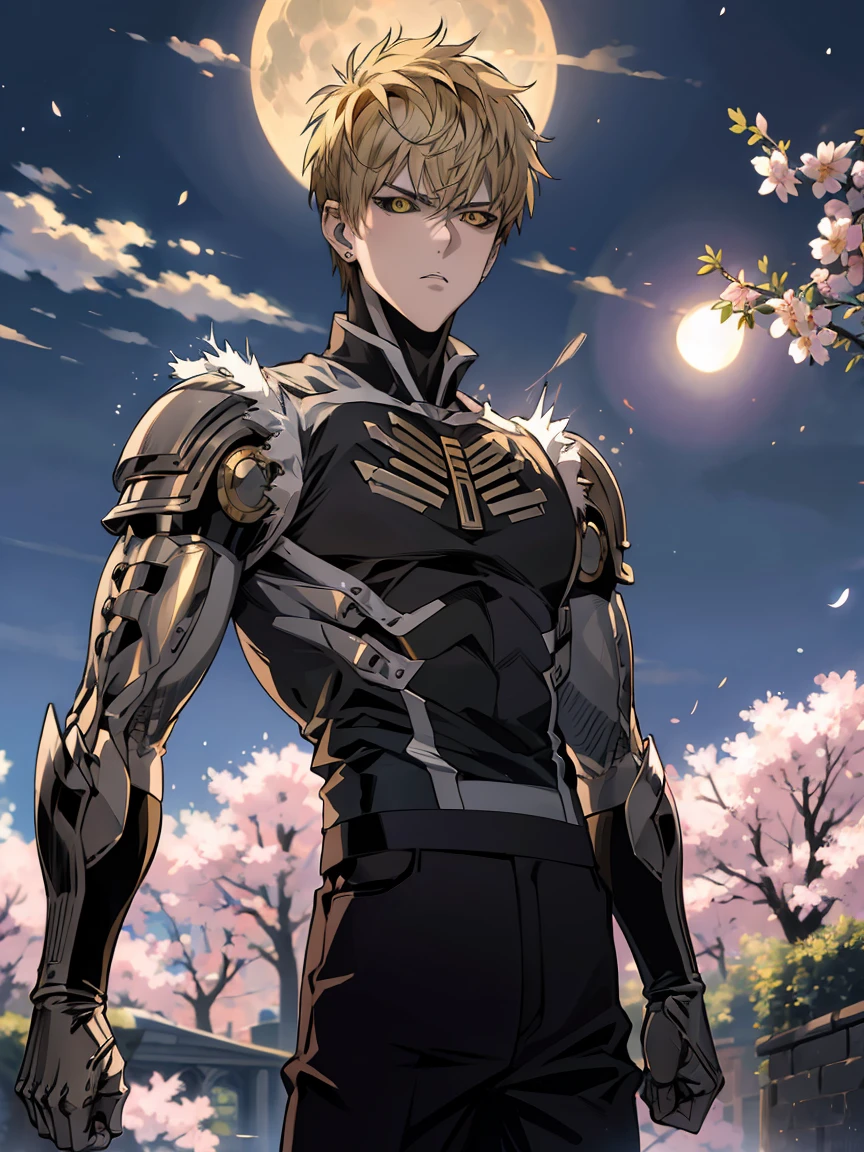 absurdres, highres, ultra detailed, HDR, master piece, best quality, Genos, expressive yellow eyes, ash-blonde hair, one punch man, solo, man, handsome, moon, fireflies, blossoms, spring, pink flowers