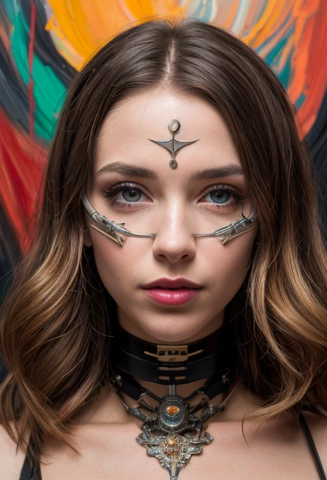 A cyborg girl stands in the center of a large bright studio and is engaged in creating her self-portrait on canvas. She is depicted in all her majestic beauty and elegance. Her metallic skin reflects the light, creating a play of hues and highlights like an expensive piece of jewelry.
Her long metal hair frames her face, giving her a mysterious and alluring look. Her bright eyes, in which light shimmers, stare straight ahead with confidence and the strain of creative inspiration.
The cyborg girl is depicted in a graceful pose, showing off her grace and strength as well as the fine workings of her mechanical limbs. Her hands hold brushes and are immersed in the creative process of creating a stunning work of art.
The outline of the self-portrait she is creating with oil paints is already outlined on the canvas. The drawing begins to come to life under her dexterous fingers, gaining depth and volume, and the coating of color fills the canvas with bright hues and rich colors.
This entire moment is captured in a gorgeous and amazing scenario that combines the beauty of art, power and technological advancement to make the cyborg girl a unique and inspiring image. beautiful shiny smooth, high quality, best quality, absurdres, masterpiece, beautiful, intricate details, 1/2 body crop, slim body, beautiful figure, magnificent anatomy, (intricate details:1.12), HDR, (intricate details, hyper-detailing:1.15), (natural skin textures, hyper realisitc, soft light, Sharp:1.2)