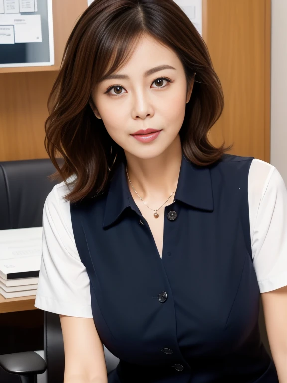 ((masterpiece)), ((highest quality)), ((Fully detailed)), Mature Woman, Age 35, Bust up shot, Office worker uniform, Navy blue vest,