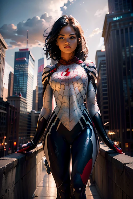 (Extreme Detail CG Unity 8K wallpaper, masterpiece, highest quality), (Exquisite lighting and shadow, highly dramatic graphics, Cinematic lens effect), (A girl in a white Spider-Man costume, from a parallel universe, city skyline in the background, dynamic pose), (excellent detail, outstanding lighting, wide angle), (excellent rendering, enough to stand out in its class)