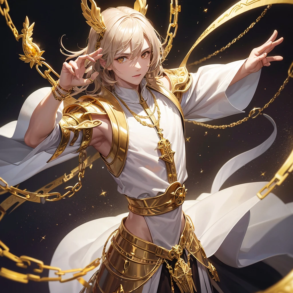 Sorcerer of futuristic medieval mystical world with golden accessories, dressed in white and brown robes with gold watches and chains 