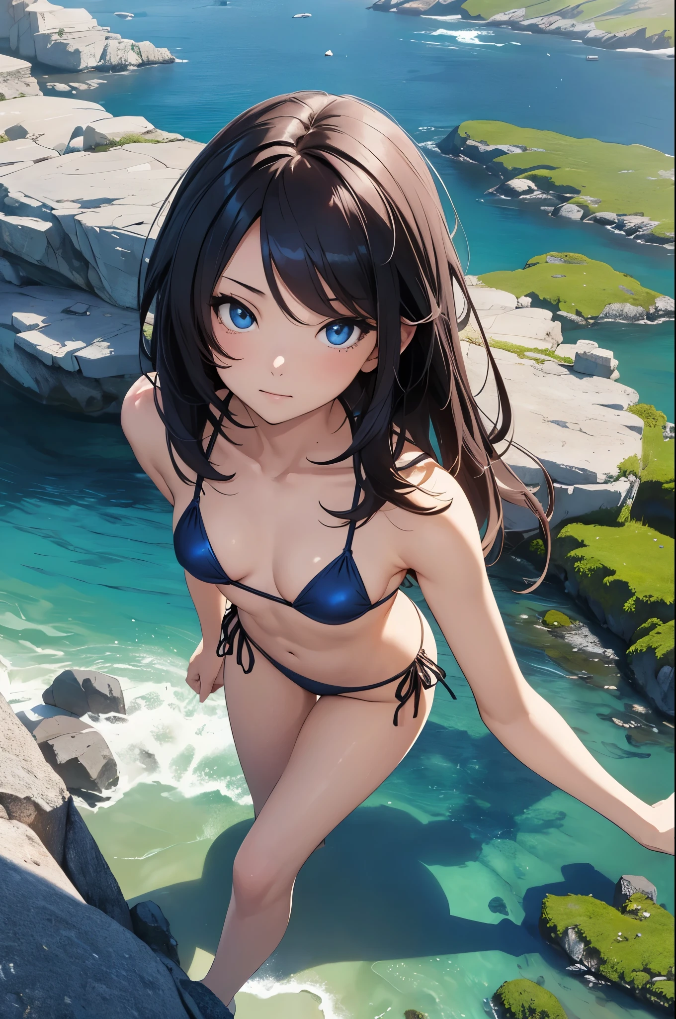 a sexy woman, (best quality), (masterpiece), (1girl), slim, anime, (flat chested), (protrait), (micro bikini), (view from above)

