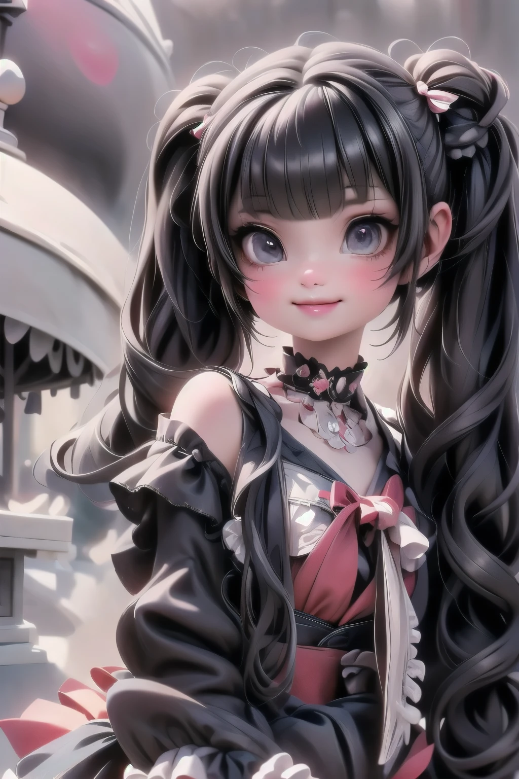 a gothic girl smiling, red strapless dress, pigtails, hair accessories made by rubies, red smokey eyes make_up, walking, walking at a haunted amusement park at night, full moon at background,