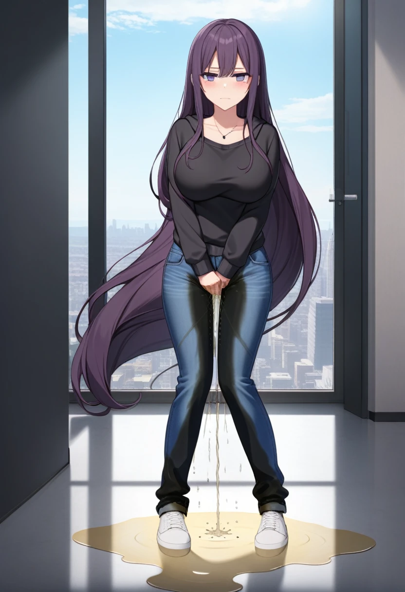 (masterpiece:1.37), best quality, (extremely detailed:1.37), office, window overlooking a bustling cityscape, woman, (mature:1.75), (adult:1.5), (very long hair:1.5), dark purple hair, purple eyes, (extremely detailed eyes:1.37) shining eyes, breasts, hoodie, jeans, (wetting herself:2.0), standing straight, (desperation:2.5), full body day, daytime, glow, facing viewer, perfect composition, Perfect light and shadow, 8K