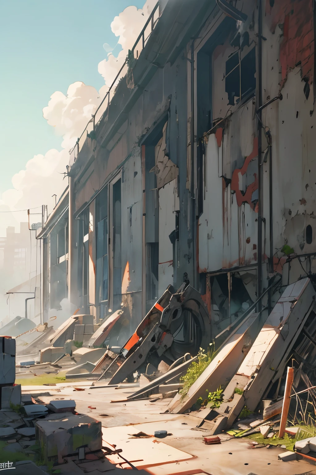 technological ruins full of broken gears and robots and buildings
pipes releasing steam