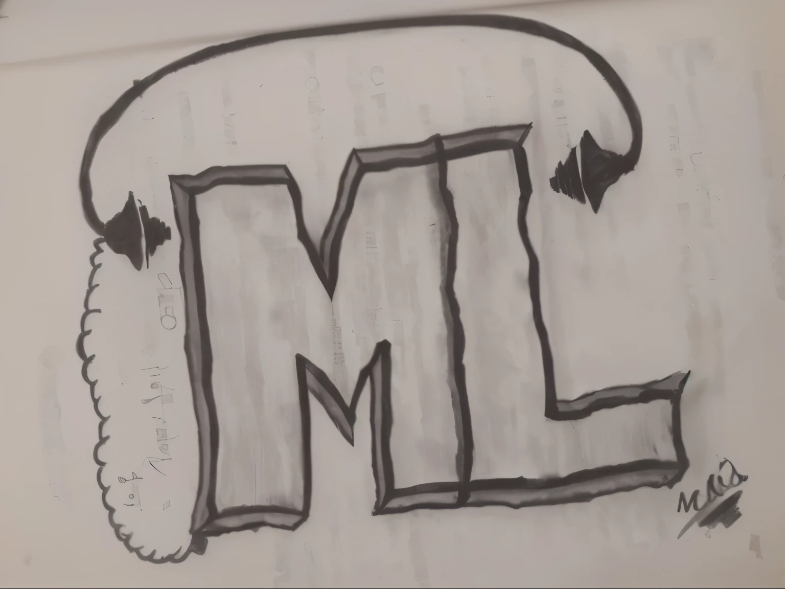 un dibujo de una letra m con un auricular encima, by Luis Molinari, inspirado por Leo Michelson, style letras, messy lines, por Milton Menasco, sin sombreado, by Márta Lacza, by Mario Cooper, by Amelia Peláez, inspirado en Melchor Lorck, arte intermedio, letras, On a notebook page