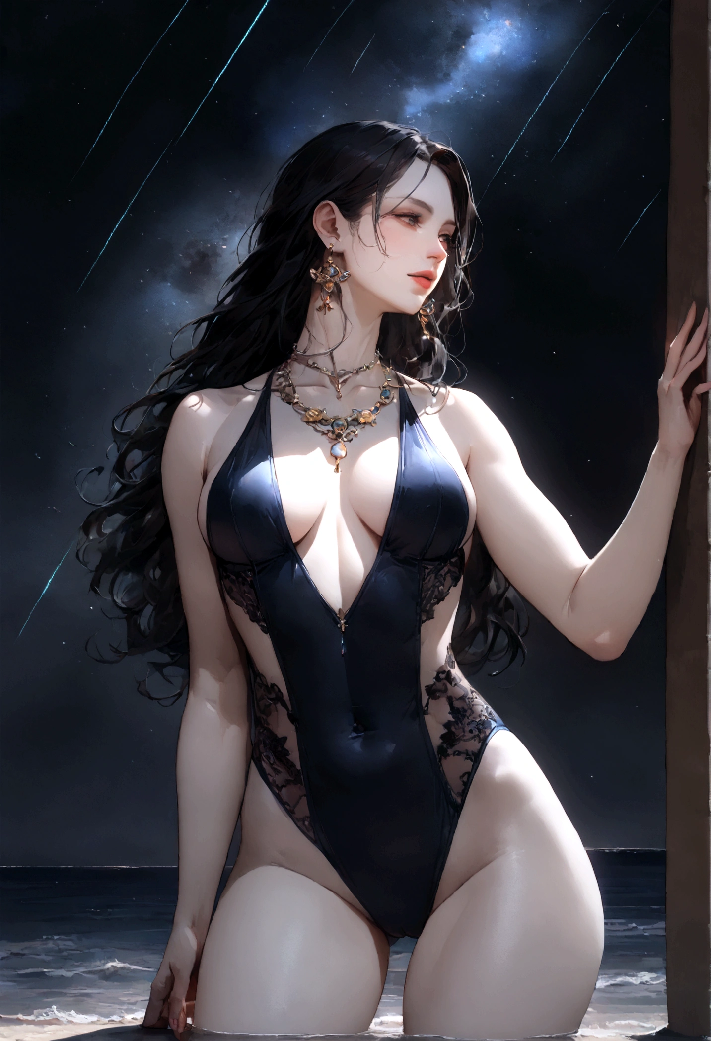 8k, masterpiece, RAW Photos, highest quality, Realistic, Very detailed, Depth of written boundary, Cinematic Light, Anatomically correct body,
One beautiful 40 year old woman, Very beautiful face, Exquisitely detailed face, (A calm and gentle face:1.4), Very delicate skin texture, Transparent muscle, Shiny white skin, Glamorous Body,
(Wavy black long hair:1.2), (Sexy Breasts:1.1),
(Bold high-cut swimsuit:1.2), (Detailed cloth texture:1.2), (Gorgeous necklace:1.1), (Gorgeous earrings:1.1),
(Dark starry background:1.4), (Milky Way:1.1), (milky way:1.1), (shooting star:1.1), (Dark coastline at night:1.4), (Pitch black sea surface:1.4),
(Standing in shallow water on a sandy beach:1.2),
(Cowboy Shot:1.2),