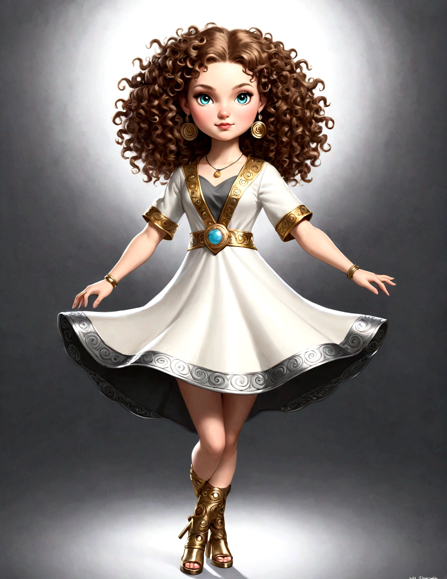"A unique and diverse rendering of Mli Stephanie, a beautiful white girl with a round face and curly hair, adorned in a Moa-Metal cover. Explore a range of styles and variations, from cute and playful poses to fierce and powerful stances."