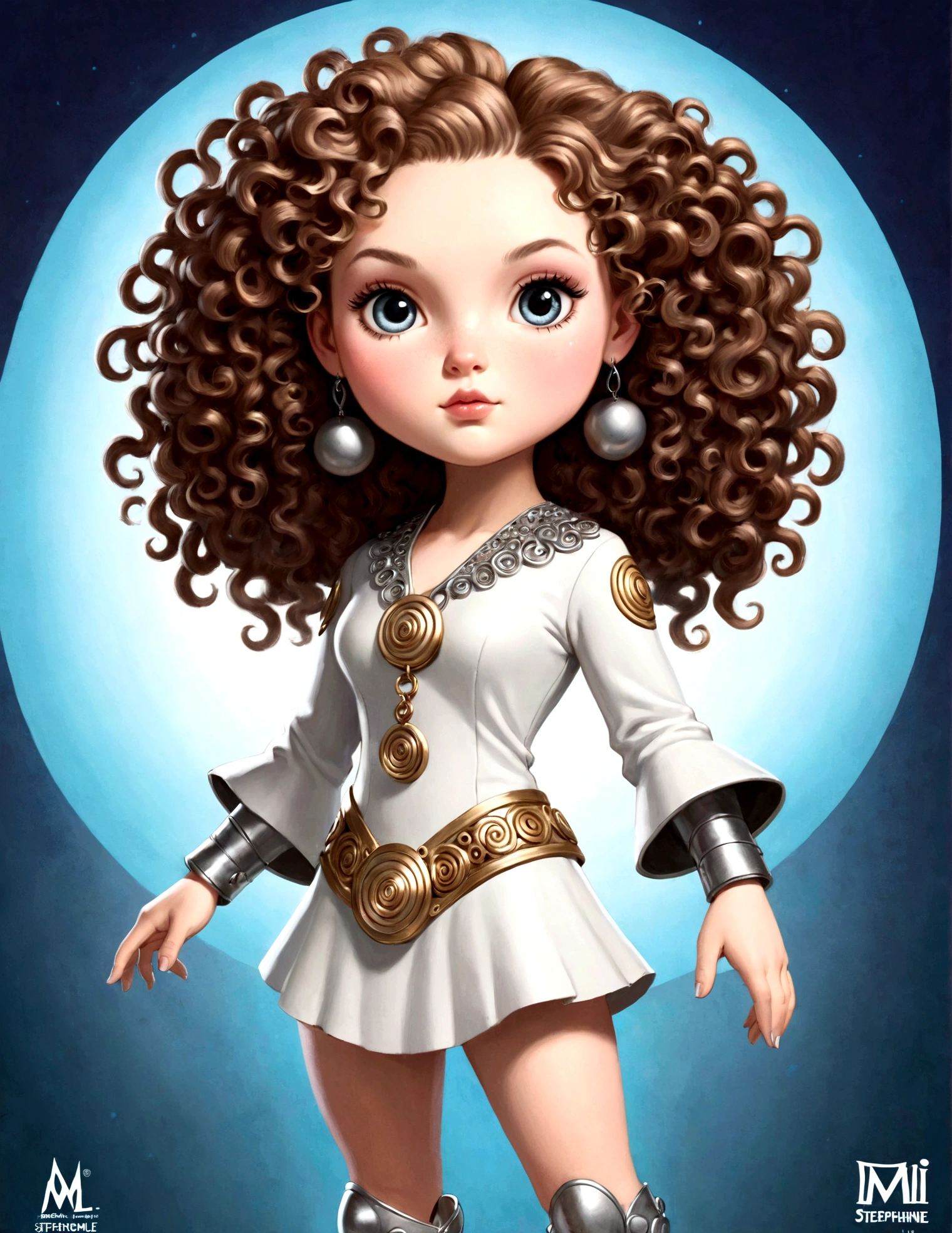 "A unique and diverse rendering of Mli Stephanie, a beautiful white girl with a round face and curly hair, adorned in a Moa-Metal cover. Explore a range of styles and variations, from cute and playful poses to fierce and powerful stances."