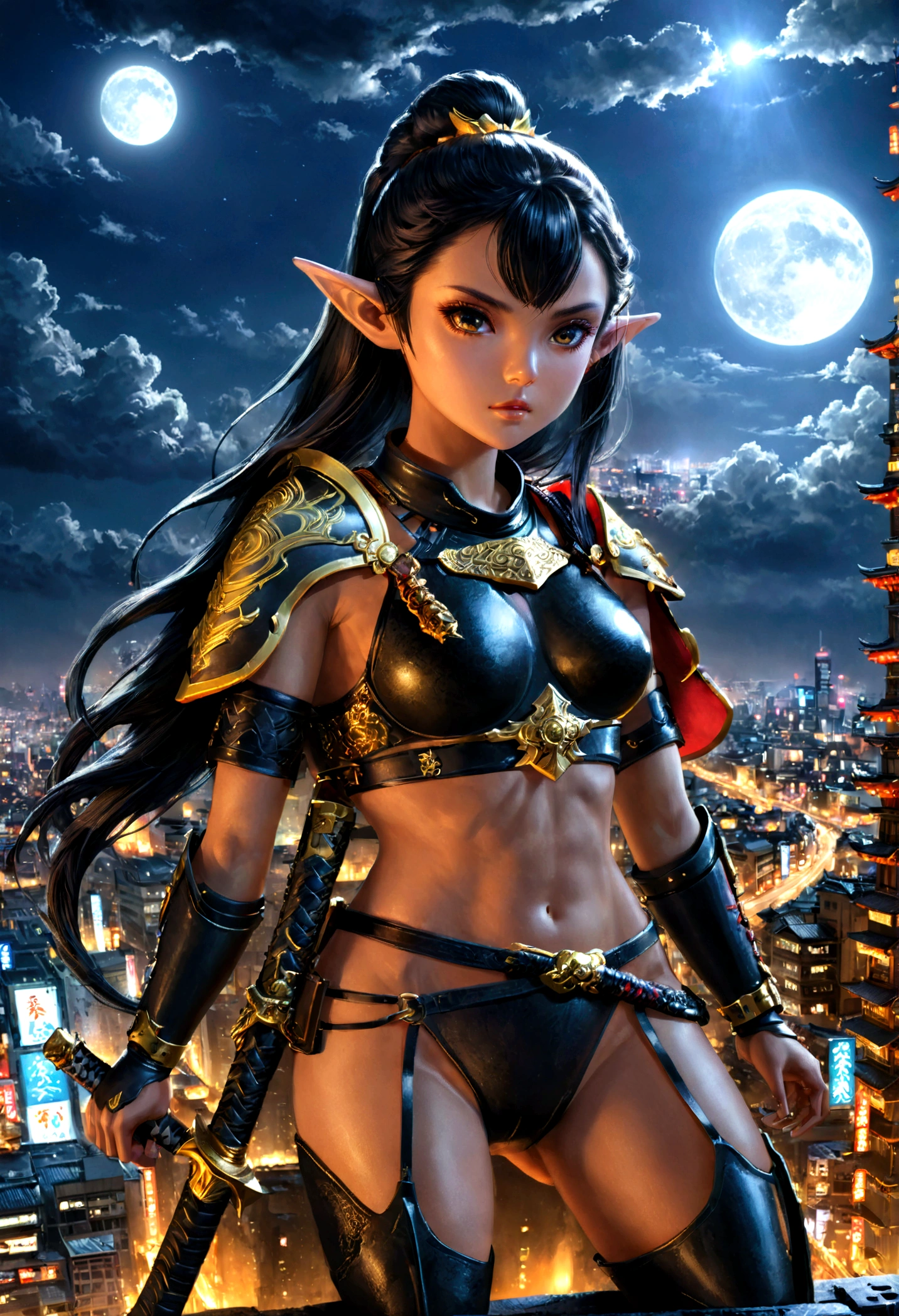 fantasy art, RPG art, dark fantasy art, a female elf samurai, ready to battle, she wears traditional samurai armor, armed with a katana, she stands on top of a tower in a cyberpunk city, exquisite beautiful female elf, long hair, black hair, straight hair, braided hair, black eyes, intense eyes, small pointed ears, cyberpunk city at night, background, moon, stars, clouds, god rays, soft natural light, dynamic angle, photorealism, panoramic view, ultra best realistic, best details, 16k, [ultra detailed], masterpiece, best quality, (extremely detailed), photorealism, depth of field,