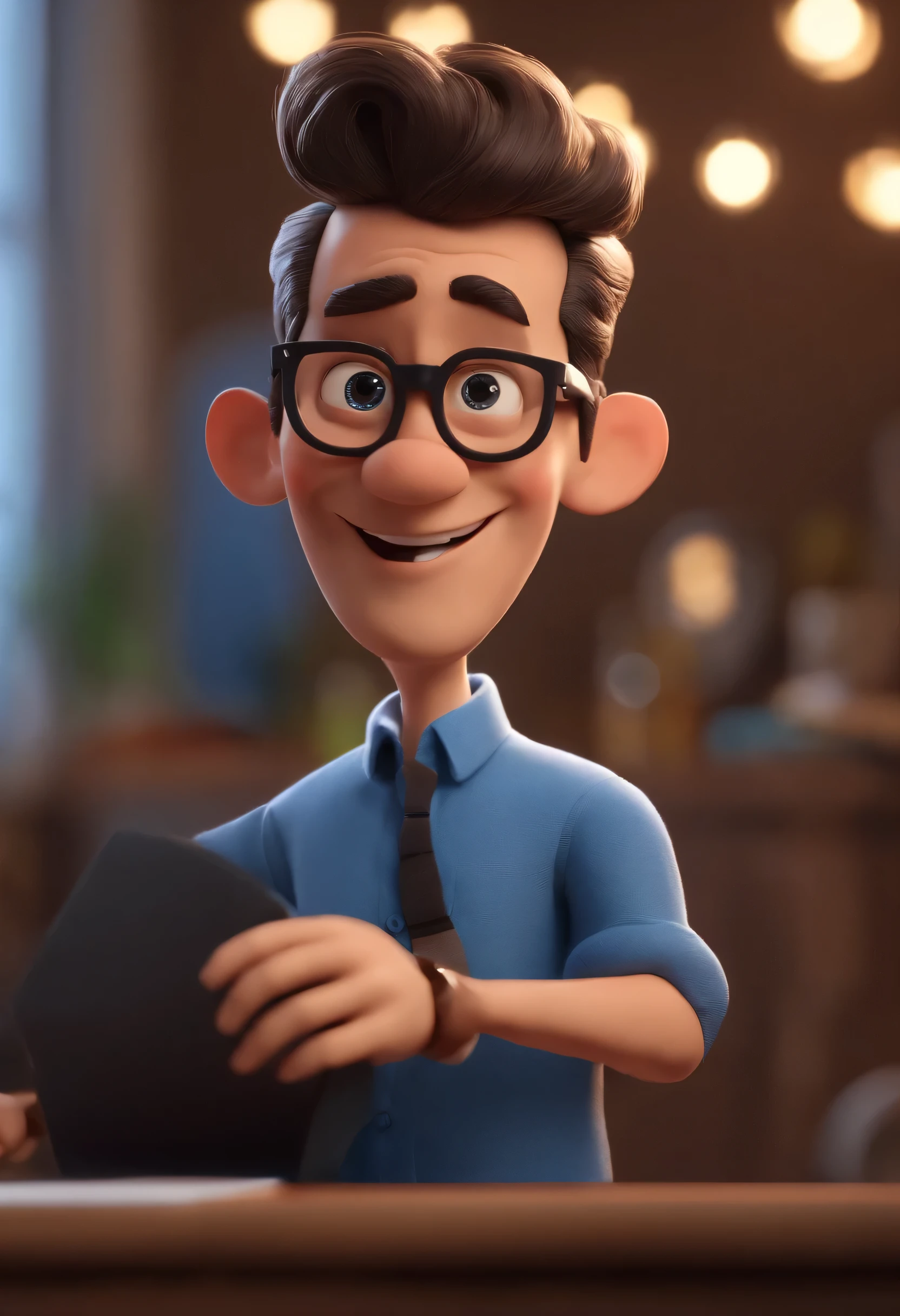 Cartoon character of a man with black glasses and a blue shirt, animation character, Caractere estilizado, animation style rendering, 3D estilizado, Arnold Maya render, 3 d render stylized, toon render keyshot, Personagem 3D, Personagem 3D, 3d rendering stylized, 3 d character render, personagem de desenho animado, Personagem de close up, Pose de personagem,  (Estilo Pixar) (master part:1.2) (Bokeh) (best quality) (pele detalhada) (textura detalhada) (8k) (argila) (Cinematic lighting) (sharp focus