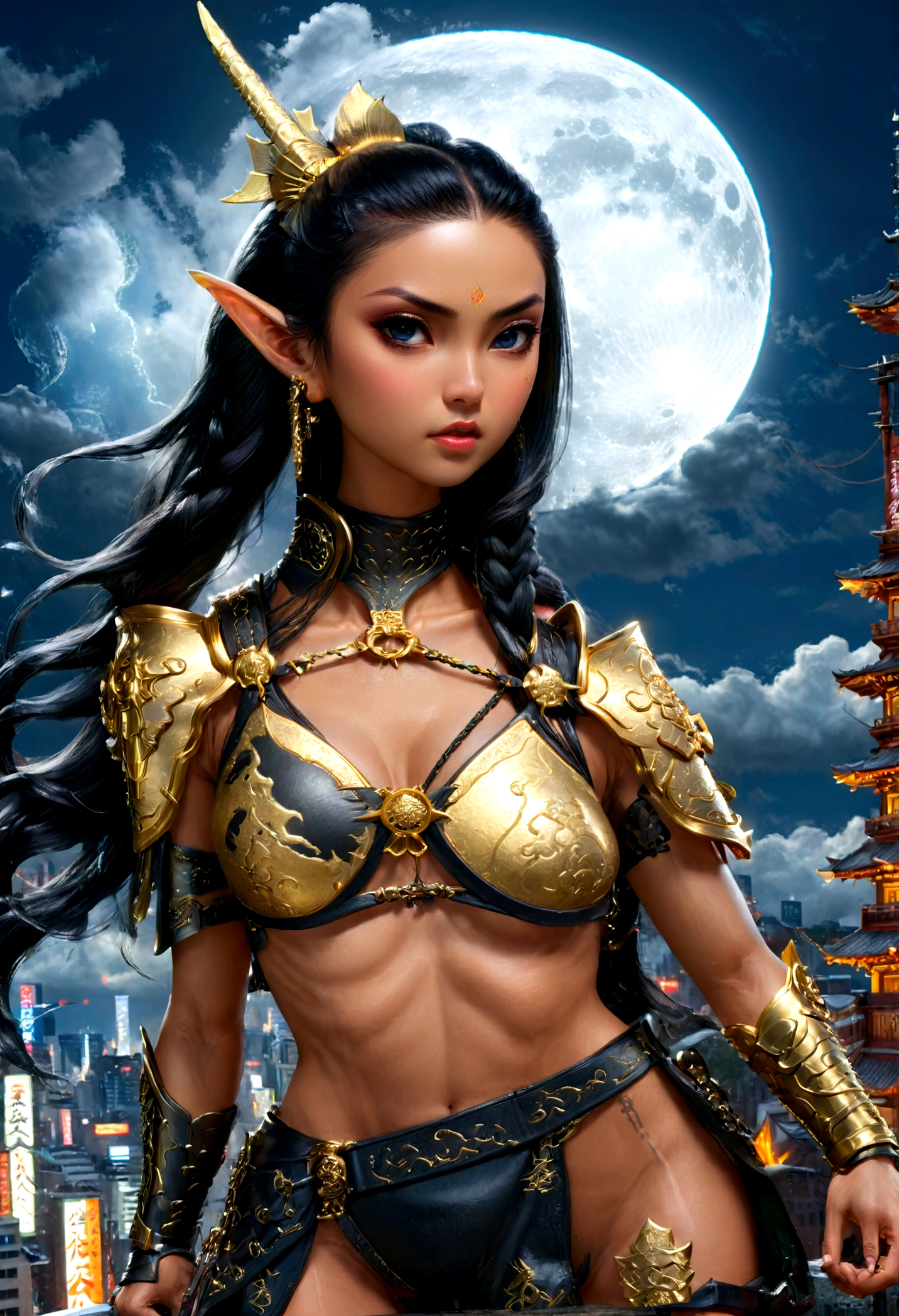 fantasy art, RPG art, dark fantasy art, a female elf samurai, ready to battle, she wears traditional samurai armor, armed with a katana, she stands on top of a tower in a cyberpunk city, exquisite beautiful female elf, long hair, black hair, straight hair, braided hair, black eyes, intense eyes, small pointed ears, cyberpunk city at night, background, moon, stars, clouds, god rays, soft natural light, dynamic angle, photorealism, panoramic view, ultra best realistic, best details, 16k, [ultra detailed], masterpiece, best quality, (extremely detailed), photorealism, 