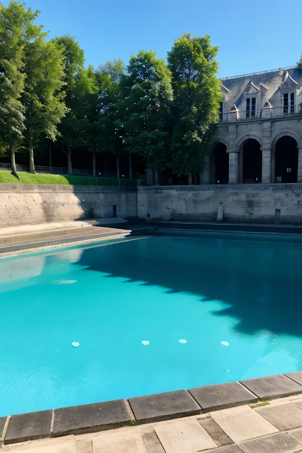 Image d’une amphithéâtre aux couleurs bleues et blanches tout est en pierres blanches avec des points d’eau et des statues de sirène 