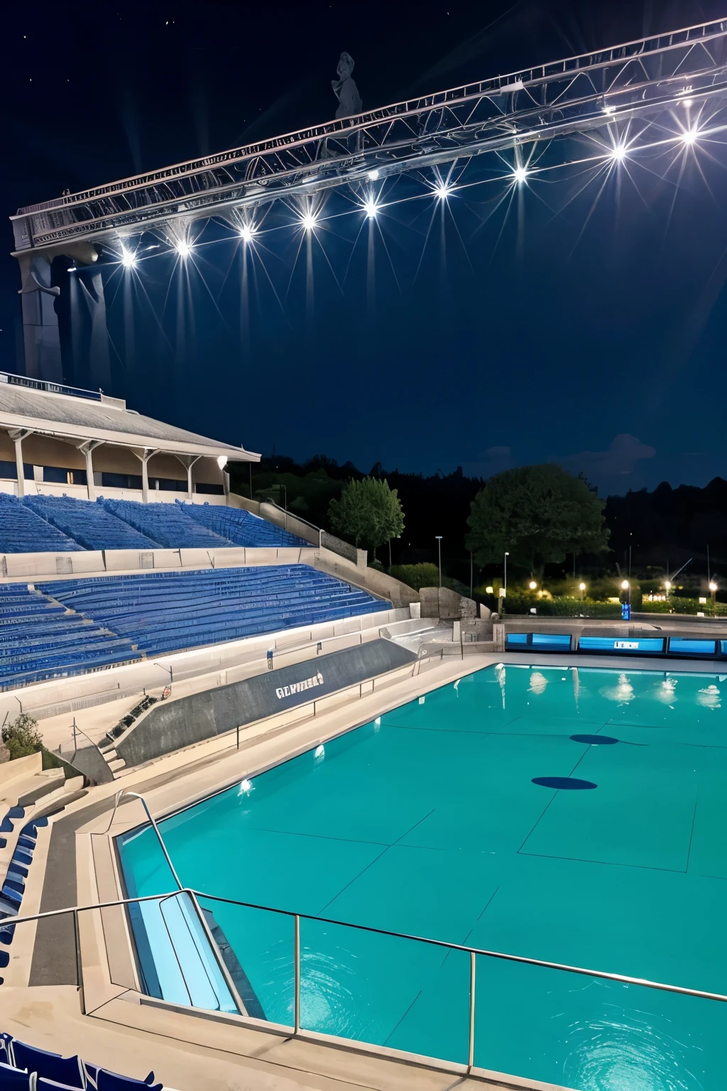 Image d’une amphithéâtre aux couleurs bleues et blanches tout est en pierres blanches avec des points d’eau et des statues de sirène 