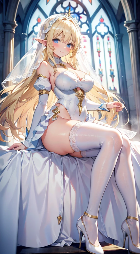 Blonde hair and blue eyes Long Hair Elf Large Breasts Wedding dress leotard mini skirt White Stockings White high heels Thighs church erotic Beauty cute blush smile