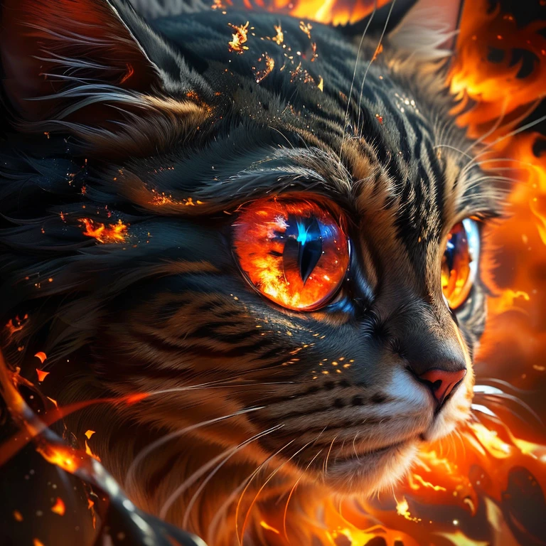 there is a cat with a fire eye and flames in the background, fiery eyes, bright fire eyes, 4k highly detailed digital art, fire eyes, fiery scorching red eyes, glowing fiery red eyes, beautiful digital artwork, 4k detailed digital art, demon cat, red fire eyes, amazing digital art, with glowing red eyes, glowing ember eyes