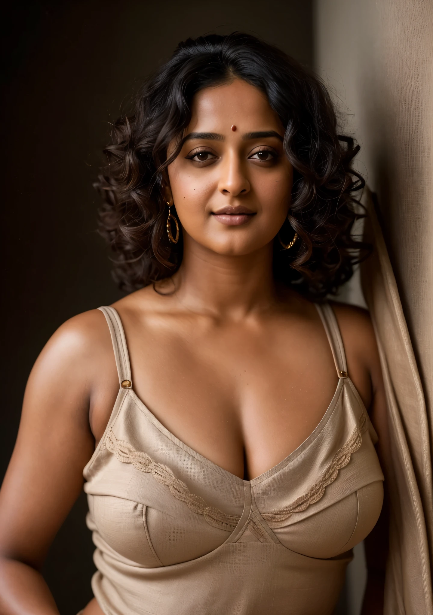 Looks like Anushka Shetty, a photo portrait of a beautiful girl 40 years old, with curls, styled black hair, (face portrait:1.5), dramatic light, Rembrandt lighting scheme, bust shot, linen tank top , top quality editorial photograph, skin texture, skin pores, chocolate skin, high quality skin, top quality photography, professional photography, professional retouching, insane detailing, warm moody tones, modern clothes, highly detailed armpits,
