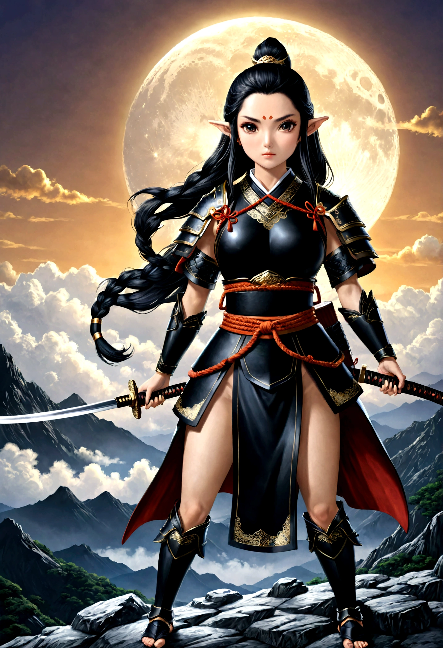 fantasy art, RPG art, dark fantasy art, a female elf samurai, ready to battle, she wears traditional samurai armor, armed with a katana, she stands on top of the mountain at dawn, exquisite beautiful female elf, long hair, black hair, straight hair, braided hair, black eyes, intense eyes, small pointed ears, fantasy mountain top at dawn background, moon, stars, clouds, god rays, soft natural light silhouette, dynamic angle, photorealism, panoramic view, ultra best realistic, best details, 16k, [ultra detailed], masterpiece, best quality, (extremely detailed), photorealism, 