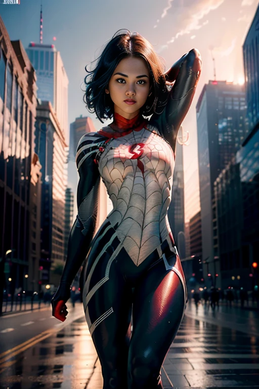 (Extreme Detail CG Unity 8K wallpaper, masterpiece, highest quality), (Exquisite lighting and shadow, highly dramatic graphics, Cinematic lens effect), (A girl in a white Spider-Man costume, from a parallel universe, city skyline in the background, dynamic pose), (excellent detail, outstanding lighting, wide angle), (excellent rendering, enough to stand out in its class)