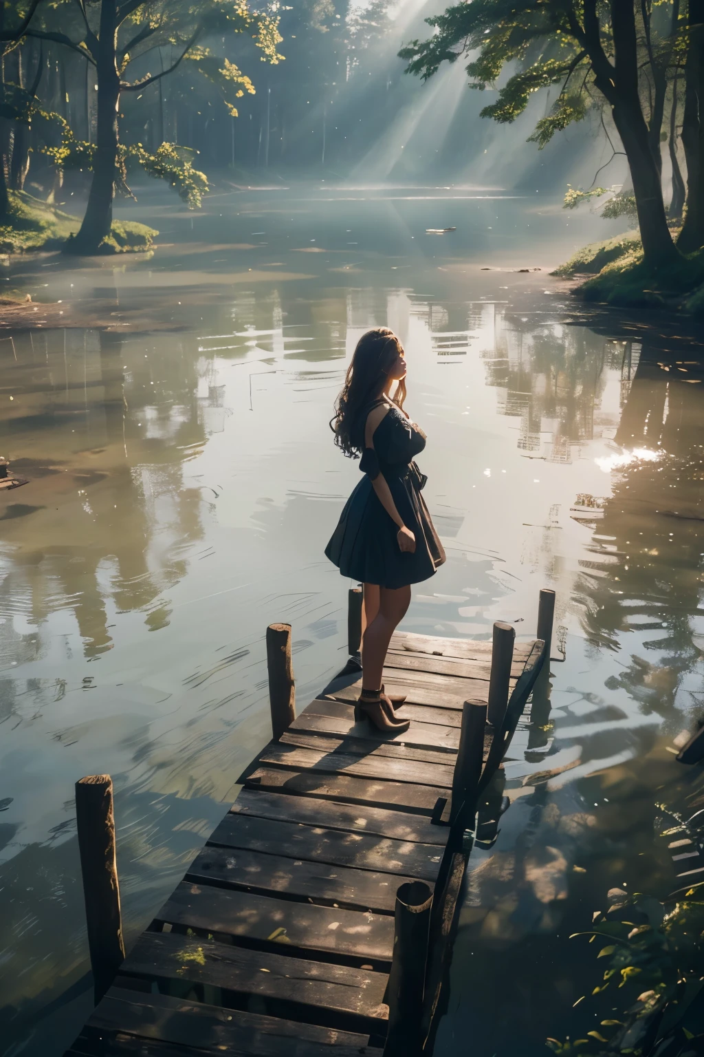 a girl standing on a wooden dock overlooking a river, dense forest in the distance, sunlight filtering through the trees, detailed facial features, elegant dress, serene expression, (best quality,8k,highres,masterpiece:1.2),ultra-detailed,(realistic,photorealistic,photo-realistic:1.37),intricate details,cinematic lighting,dramatic shadows,vibrant colors,serene landscape
