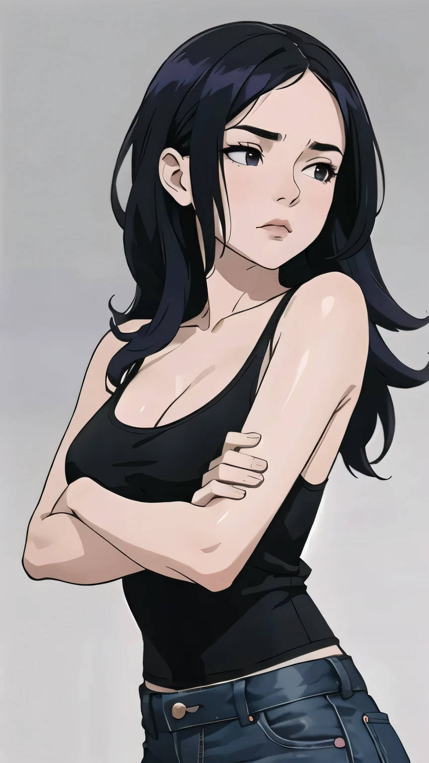 (masterpiece:1.2)

-lucy from moemate, 1girl, 1 girl

-A woman with dark purple ombre hair and black eyes, dressed in a black tank top and jeans. Black tank top, black colored tank top. A gothic-looking female character with black eyes, black eyes.

-boredom expression, indifference, Bored looking, bored expression, bored face, blank expression, double eyelid, half closed eyes, relaxed, relaxed expression, tired expression.

-showing forehead, forhead, slightly large breasts, C-Cup, , average build

-in her 30s, mature female, adult woman, sexy, seductive

-simple background, solid background, grey background, solid grey background

- purple hair, purple ombre hair, long layered haircut, long layered hairstyle, slightly messy hair, messy hair, long haircut, purple ombre hair

- hand-to-hair pose, hand-to-hair, runs her hand through her hair, one hand in hair