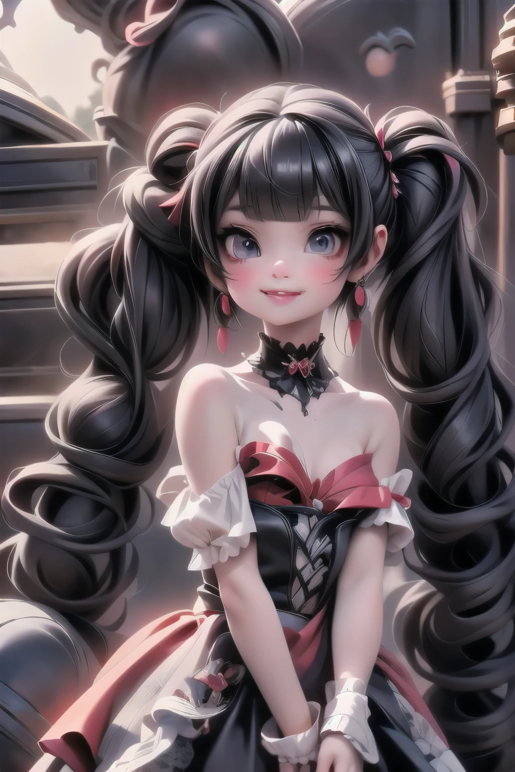 a vampiress smiling, red strapless dress, pigtails, hair accessories made by rubies, red smokey eyes make_up, walking, walking at a haunted amusement park at night, full moon at background,