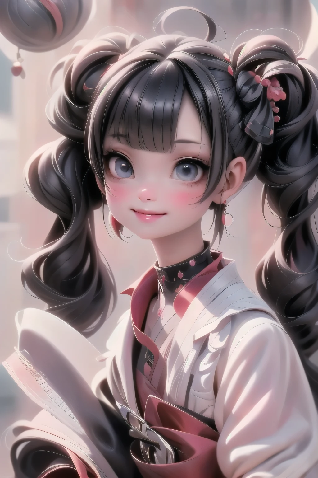 a vampiress smiling, red strapless dress, pigtails, hair accessories made by rubies, red smokey eyes make_up, round_toe pumps, full moon at background