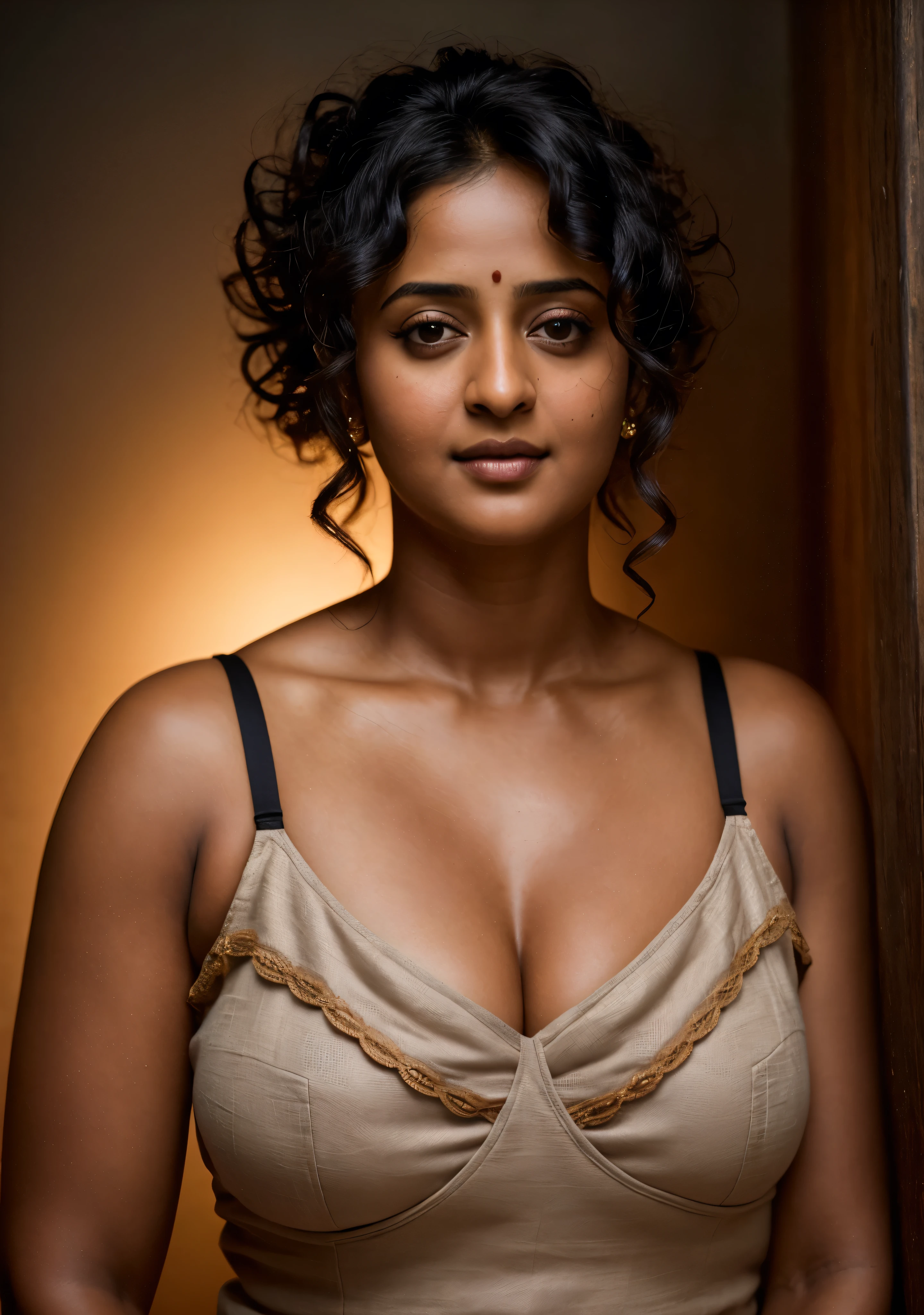 Looks like Anushka Shetty, a photo portrait of a beautiful girl 40 years old, with curls, styled black hair, (face portrait:1.5), dramatic light, Rembrandt lighting scheme, bust shot, linen tank top , top quality editorial photograph, skin texture, skin pores, chocolate skin, high quality skin, top quality photography, professional photography, professional retouching, insane detailing, warm moody tones, modern clothes, highly detailed armpits, 