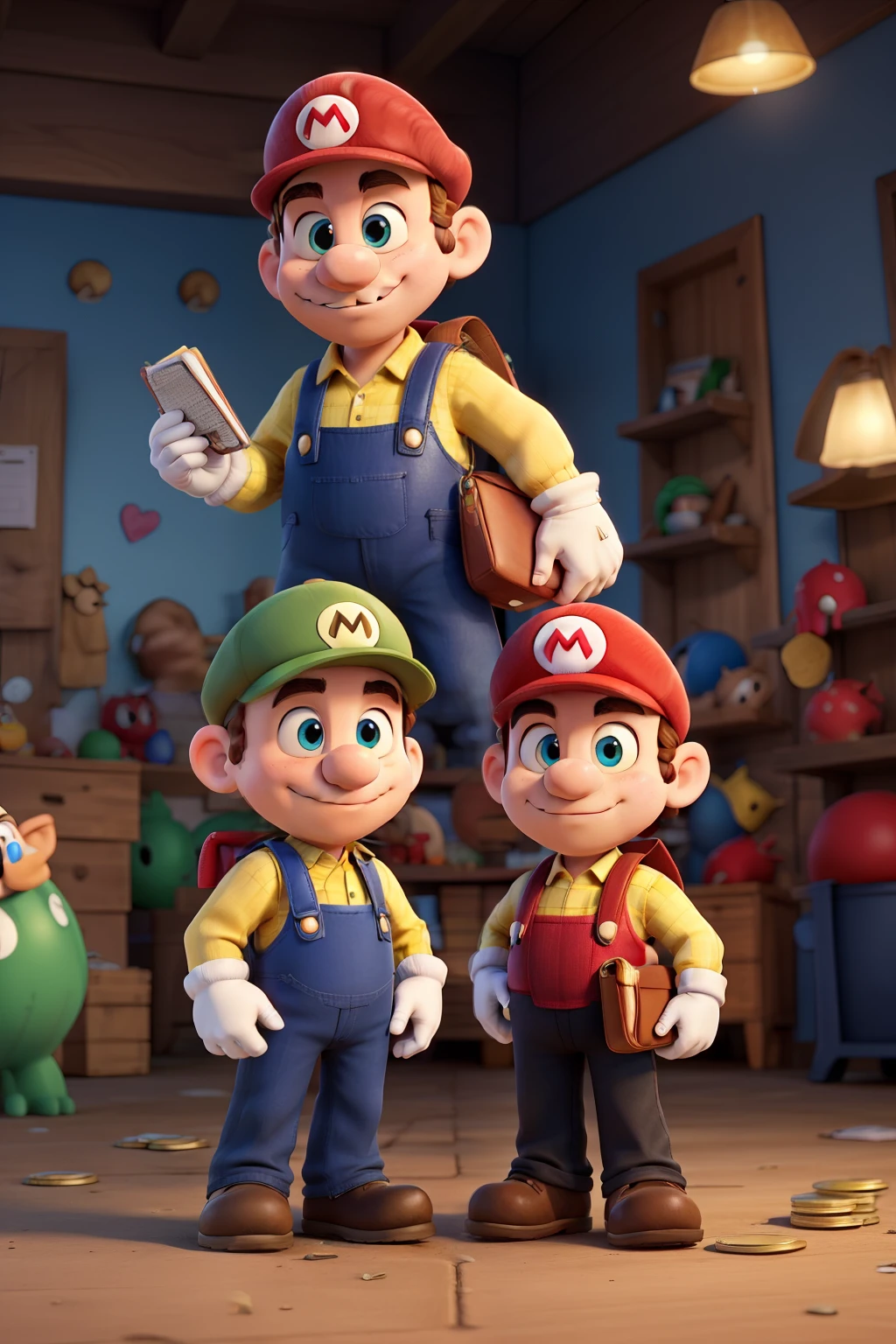 Mario Bros holding a bag full of coins on the left side of the image and on the other side a hand holding a notebook.